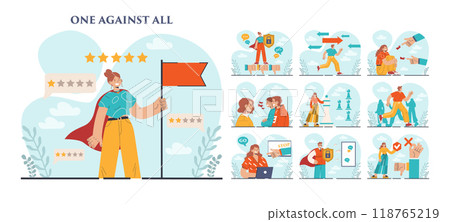 One against all set. One character standing out of the crowd, person against collective public opinion. Uniqueness, competition and leadership idea. Flat vector illustration One against all set. One character standing out of the crowd, person against collective public opinion. Uniqueness, competition and leadership idea. Flat vector illustration 118765219