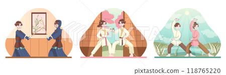 Asian people doing sport set. Traditional sport or martial art such as karate, tai chi and kendo. Female and male characters in traditional clothes. Sportsmen training. Flat vector illustration 118765220