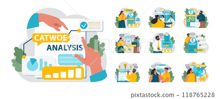 CATWOE technique set. Modern approach to understanding the various perspectives of a business challenge. Mnemonic checklist for problem identification and solving. Flat vector illustration 118765228