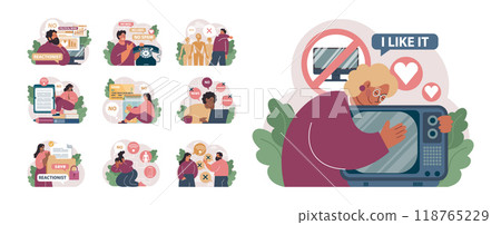 Reactionary or retrograde set. Neoconservatism movement. Traditional views and denying of progress, innovation and development. Status quo character is afraid of the changes. Flat vector illustration Reactionary or retrograde set. Neoconservatism movement. Traditional views and denying of progress, innovation and development. Status quo character is afraid of the changes. Flat vector illustration 118765229