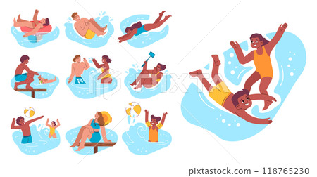Swimming set. Diverse characters swimming in the sea. Summer holidays on the beach. People in a swimsuits having fun by the water. Flat vector illustration Swimming set. Diverse characters swimming in the sea. Summer holidays on the beach. People in a swimsuits having fun by the water. Flat vector illustration 118765230