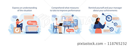 How to deal with judgement at work set. Employee dealing with pressure from manager, learning how to take constructive criticism. Flat vector illustration How to deal with judgement at work set. Employee dealing with pressure from manager, learning how to take constructive criticism. Flat vector illustration 118765232