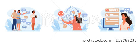 Condemnation set. Public censure or judgement. Upset victim being bullyed and shamed by others. Flat vector illustration Condemnation set. Public censure or judgement. Upset victim being bullyed and shamed by others. Flat vector illustration 118765233