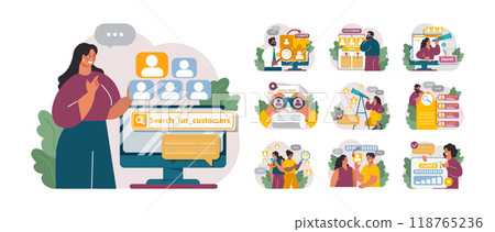 New customers search set. Character looking through binoculars, spyglass or web search. Business development in a new targeted group of clients. Promotion campaign. Flat style vector 118765236