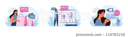 Pink tax concept set. Gender based price discrimination. Higher price for products marketed for women. Unequal accounting. Flat vector illustration Pink tax concept set. Gender based price discrimination. Higher price for products marketed for women. Unequal accounting. Flat vector illustration 118765238