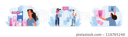 Pink tax concept set. Gender based price discrimination. Higher price for products marketed for women. Unequal accounting. Flat vector illustration Pink tax concept set. Gender based price discrimination. Higher price for products marketed for women. Unequal accounting. Flat vector illustration 118765240