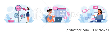 Pink tax concept set. Gender based price discrimination. Higher price for products marketed for women. Unequal accounting. Flat vector illustration Pink tax concept set. Gender based price discrimination. Higher price for products marketed for women. Unequal accounting. Flat vector illustration 118765241