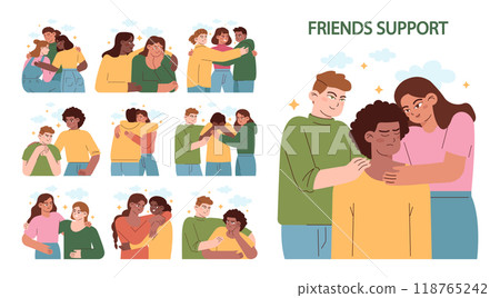Friends support set. Mental support and comfort for stressed or upset character. Group of friends hug and care for each other. Empathy and love idea. Flat vector illustration Friends support set. Mental support and comfort for stressed or upset character. Group of friends hug and care for each other. Empathy and love idea. Flat vector illustration 118765242