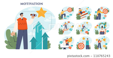 Motivation set. Ambitious character set and achieve the goal. Persistence and responsibility towards a objective. Success in challenges overcoming, inspirational progress. Flat vector illustration 118765243