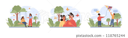 Children exploring nature on summer holidays set. Active outside leisure for physical and mental health. Boy and girl having fun outdoors playing on the playground. Flat vector illustration Children exploring nature on summer holidays set. Active outside leisure for physical and mental health. Boy and girl having fun outdoors playing on the playground. Flat vector illustration 118765244