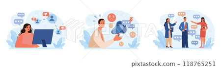 Condemnation set. Public censure or judgement. Upset victim being bullyed and shamed by others. Flat vector illustration 118765251