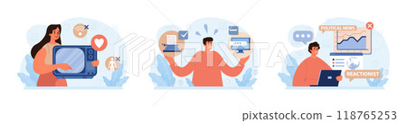 Reactionary or retrograde set. Neoconservatism movement. Traditional views and denying of progress, innovation and development. Status quo character is afraid of the changes. Flat vector illustration 118765253