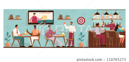 Beer bar interior. Friend group hanging out in a pub drinking beer, talking and watching a sport game. Men and women sitting by counter. Nightlife entertainment. Flat vector illustration 118765273