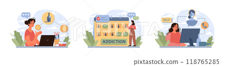 Female alcoholism set. Woman suffering from hard drinking, alcohol addiction. Drunk woman with a bottle of booze. Dangerous habit, unhealthy lifestyle awareness. Flat vector illustration 118765285