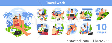 Digital nomad set. Freelancer working remotely on the laptop globaly from vacation. Flexible schedule, outsource technology and work tourism. Flat vector illustration 118765288