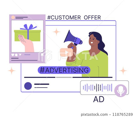Business using social media. Digital promotion. Native and personalized advertising. Sponsored promotion in the viral content. Flat vector illustration 118765289