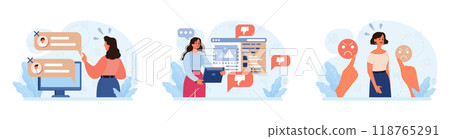 Condemnation set. Public censure or judgement. Upset victim being bullyed and shamed by others. Flat vector illustration 118765291