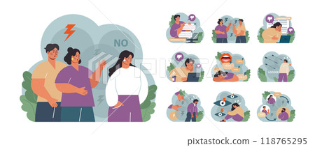 Condemnation set. Public censure or judgement. Upset victim being bullyed and shamed by others. Flat vector illustration 118765295
