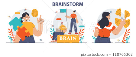 Brainstorm set. New idea generation in a teamwork discussion. Creative character coming up with innovative strategy or concept. Employees offering a solution. Flat vector illustration Brainstorm set. New idea generation in a teamwork discussion. Creative character coming up with innovative strategy or concept. Employees offering a solution. Flat vector illustration 118765302
