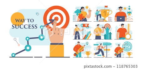 Way to success set. Business or personal development journey. Self-growth and career progress in the future. Goal, motivation, hard work and result. Flat vector illustration 118765303