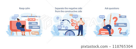 How to deal with judgement at work set. Employee dealing with pressure from manager, learning how to take constructive criticism. Flat vector illustration How to deal with judgement at work set. Employee dealing with pressure from manager, learning how to take constructive criticism. Flat vector illustration 118765304