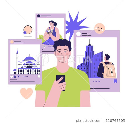 Positive aspect of social networks. Character learning new information through the internet. Man exploring world, different places and people. Flat vector illustration Positive aspect of social networks. Character learning new information through the internet. Man exploring world, different places and people. Flat vector illustration 118765305