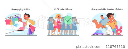 Modern gender neutral parenting set. Positive advice for parents to raise a girl and boy equally. Little children nurturing without gender-focused stereotype. Flat vector illustration 118765310