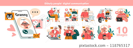 Modern old characters using internet, phone and computer set. Seniors confidently using a digital device for communication by video calls. Social networking for retired people. Flat vector 118765317