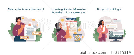 How to deal with judgement at work set. Employee dealing with pressure from manager, learning how to take constructive criticism. Flat vector illustration 118765319