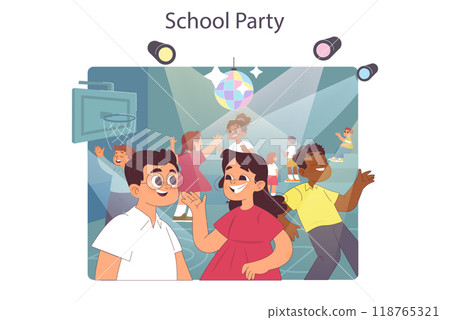 Elementary school party. Celebration ball or dance at school sport gym. Happy students in formal clothes having fun with classmates, dancing together. Flat vector illustration Elementary school party. Celebration ball or dance at school sport gym. Happy students in formal clothes having fun with classmates, dancing together. Flat vector illustration 118765321