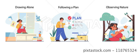 Introverted child set. Antisocial kid who prefers to spend time alone and avoid interaction with big group of people. Calm and thoughtful temperament' qualities and signs. Flat vector illustration Introverted child set. Antisocial kid who prefers to spend time alone and avoid interaction with big group of people. Calm and thoughtful temperament' qualities and signs. Flat vector illustration 118765324