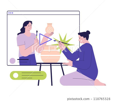 Positive aspect of social networks. Character learning new information, developing new skills and getting a new hobby. Digital education with creative community. Flat vector illustration 118765328