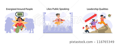 Child with extroverted individuality set. Joyful little kid enjoying communication with others. Active and expressive temperament' qualities and signs. Flat vector illustration 118765349