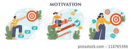 Motivation set. Ambitious character set and achieve the goal. Persistence and responsibility towards a objective. Success in challenges overcoming, inspirational progress. Flat vector illustration Motivation set. Ambitious character set and achieve the goal. Persistence and responsibility towards a objective. Success in challenges overcoming, inspirational progress. Flat vector illustration 118765366