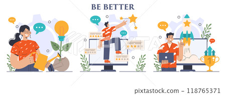 Be better concept set. Improvement and development idea. Growth of business or professional qualification, competencies and skills. Training for career development. Flat vector illustration Be better concept set. Improvement and development idea. Growth of business or professional qualification, competencies and skills. Training for career development. Flat vector illustration 118765371