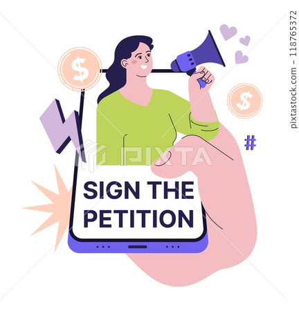 Positive aspect of social networks. Character sharing important petition through the internet. Spreading awareness onlinne. Flat vector illustration Positive aspect of social networks. Character sharing important petition through the internet. Spreading awareness onlinne. Flat vector illustration 118765372