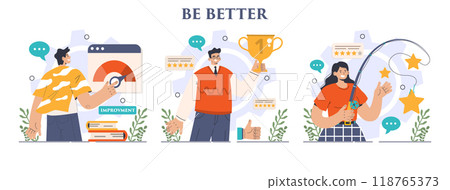 Be better concept set. Improvement and development idea. Growth of business or professional qualification, competencies and skills. Training for career development. Flat vector illustration Be better concept set. Improvement and development idea. Growth of business or professional qualification, competencies and skills. Training for career development. Flat vector illustration 118765373