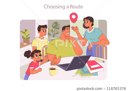 Family trip. Big family with children planning a vacation on a summer holidays. People choosing a trip route, mom dad and kids discussion. Flat vector illustration 118765376