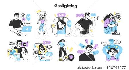 Gaslighting set. Psychological manipulation method, and cognitive dissonance creation. Emotional abuse and control in a relationships. Flat vector illustration 118765377