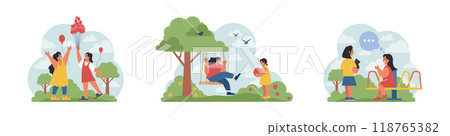 Children exploring nature on summer holidays set. Active outside leisure for physical and mental health. Boy and girl having fun outdoors playing on the playground. Flat vector illustration 118765382