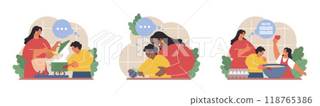 Parents teaching their child how to cook set. Family making food in the kitchen together. Kid, mother and father following recipe. Parenting and family bonding. Flat vector illustration 118765386