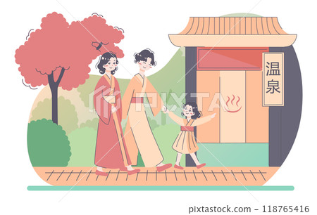 Happy asian family going to an onsen. Parents with child spa day in a natural hot springs. Family resort, domestic tourism. Flat vector illustration 118765416