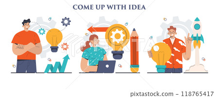 Come up with an idea concept set. Creative innovation or business solution generation. Inspiration and imagination in a brainstorm. Light bulb as metaphor. Flat vector illustration 118765417