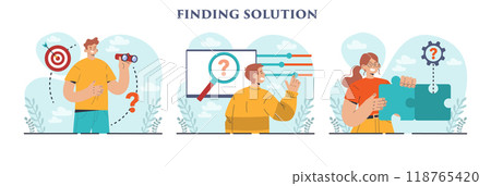 Finding a solution set. Generation of a creative idea in a brainstorm. Character coming up with innovative strategy or way to solve a problem or find the answer. Flat vector illustration Finding a solution set. Generation of a creative idea in a brainstorm. Character coming up with innovative strategy or way to solve a problem or find the answer. Flat vector illustration 118765420