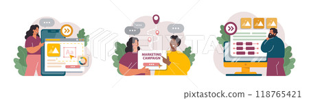 Marketing campaign set. Brand or product advertising with entertaining and engaging content. Character developing and following a content plan in social media and website. Flat vector illustration Marketing campaign set. Brand or product advertising with entertaining and engaging content. Character developing and following a content plan in social media and website. Flat vector illustration 118765421