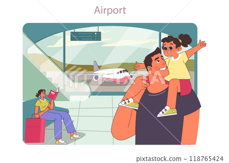 Family trip. Big family with child vacation on a summer holidays. Peoplewith a luggage at the airport waiting for a flight. Idea of traveling around the world. Flat vector illustration 118765424