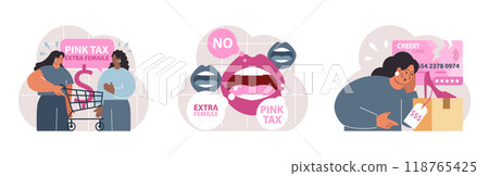 Pink tax concept set. Gender based price discrimination. Higher price for products marketed for women. Unequal accounting. Flat vector illustration Pink tax concept set. Gender based price discrimination. Higher price for products marketed for women. Unequal accounting. Flat vector illustration 118765425
