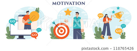 Motivation set. Ambitious character set and achieve the goal. Persistence and responsibility towards a objective. Success in challenges overcoming, inspirational progress. Flat vector illustration 118765426