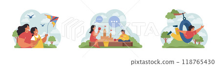 Children exploring nature on summer holidays set. Active outside leisure for physical and mental health. Boy and girl having fun outdoors playing on the playground. Flat vector illustration Children exploring nature on summer holidays set. Active outside leisure for physical and mental health. Boy and girl having fun outdoors playing on the playground. Flat vector illustration 118765430