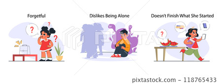 Child with extroverted individuality set. Joyful little kid enjoying communication with others. Active and expressive temperament' qualities and signs. Flat vector illustration 118765433